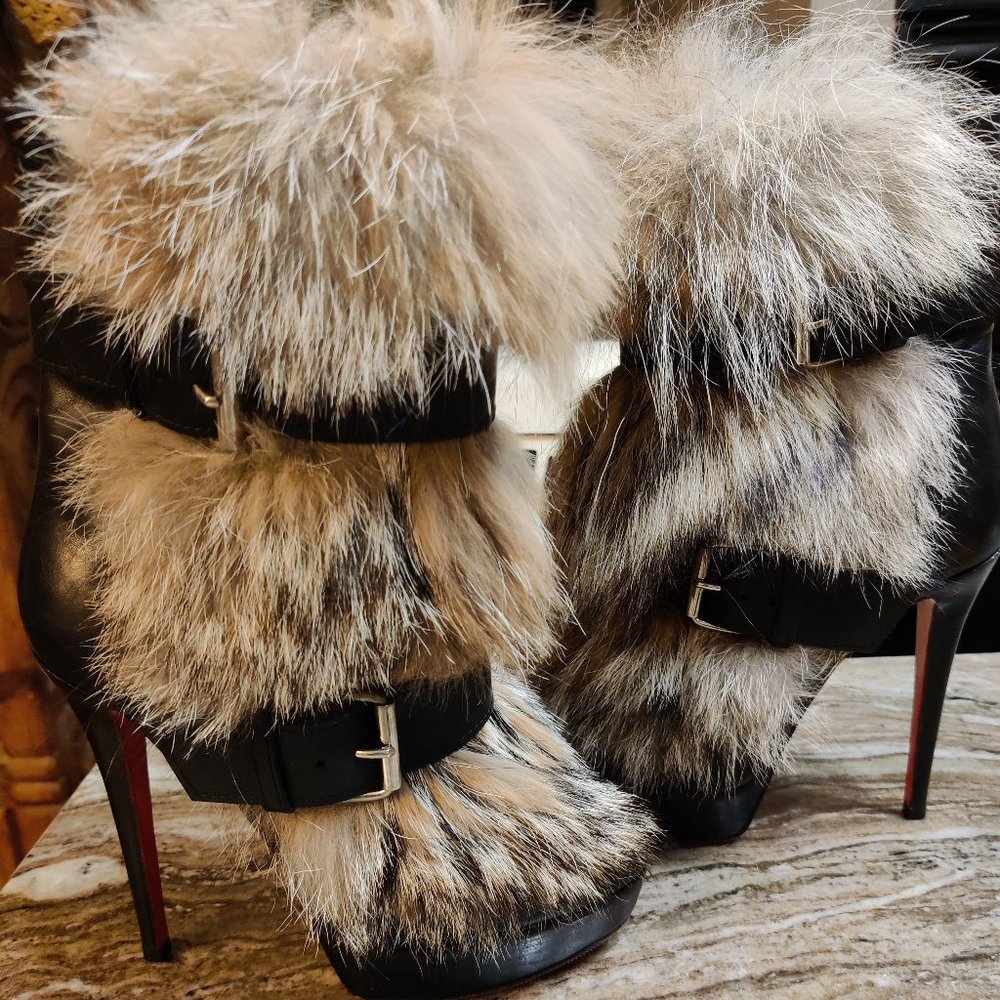 Christian Louboutin Black Leather Toundra Fur Boots-LIKE NEW